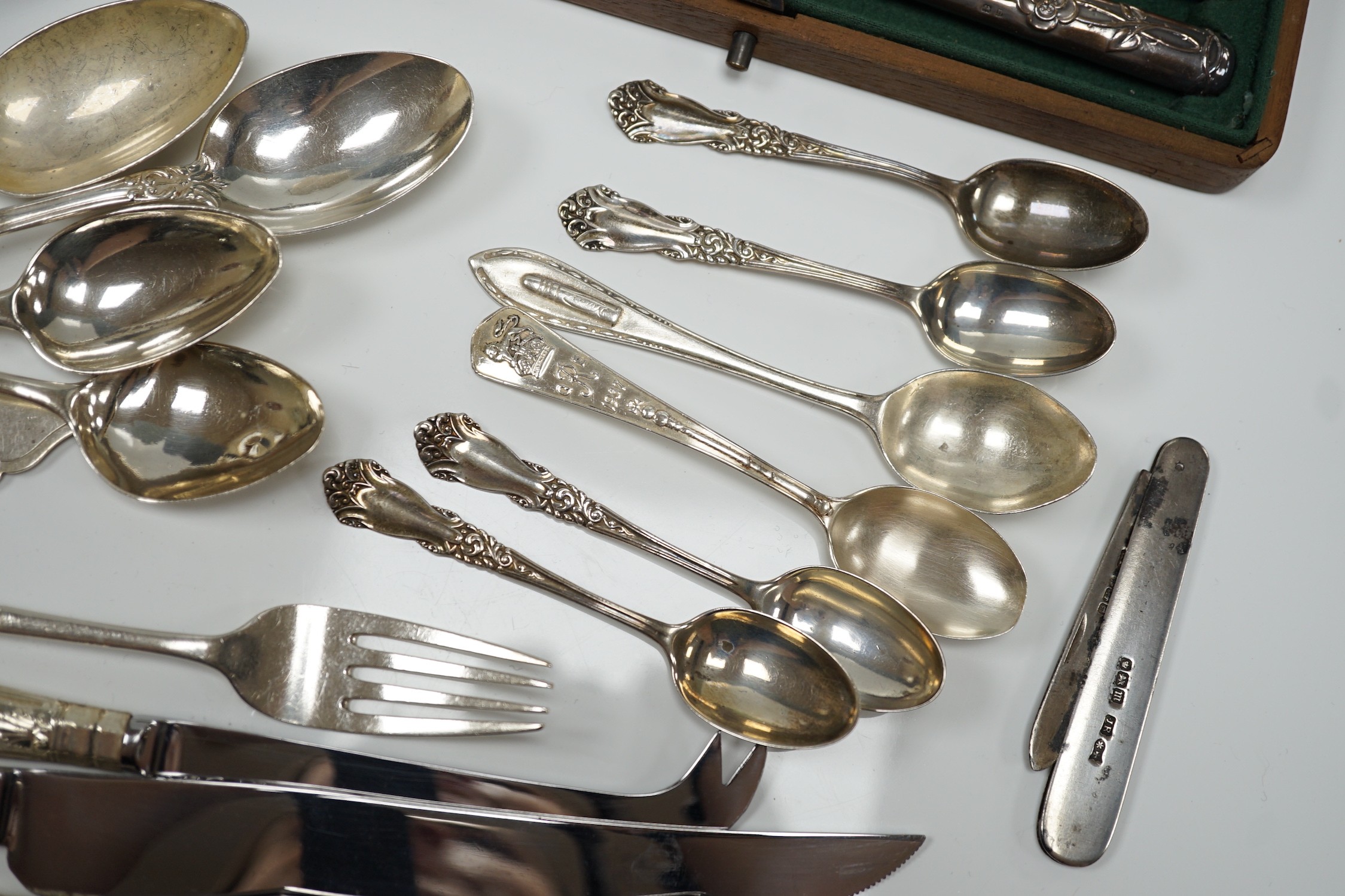 Sundry small silver, including flatware, pair of salts, a silver mustard pot and a silver fruit knife.
